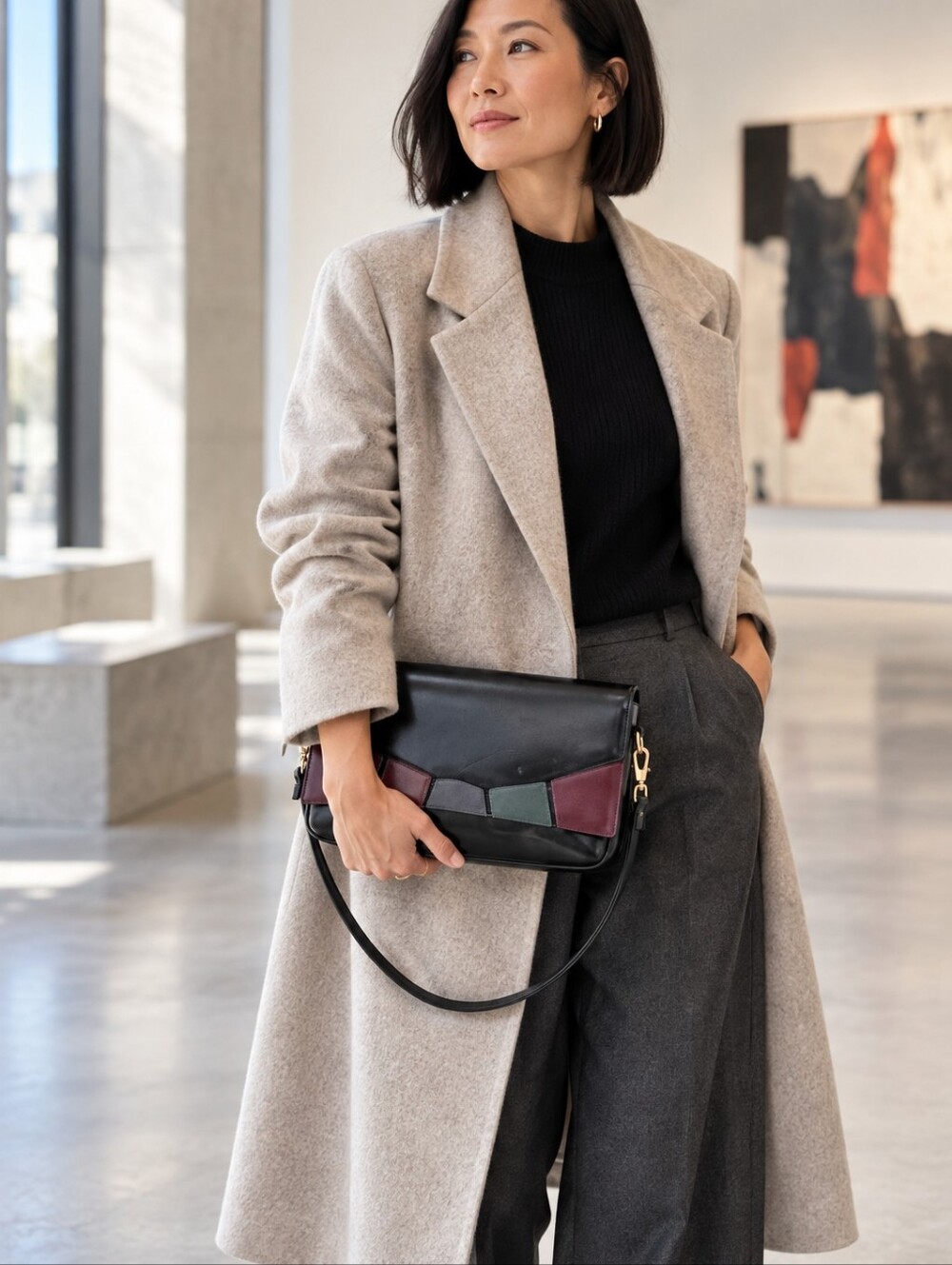 Vintage RO-EL Canada Black Leather Geometric Colorblock Crossbody Clutch
